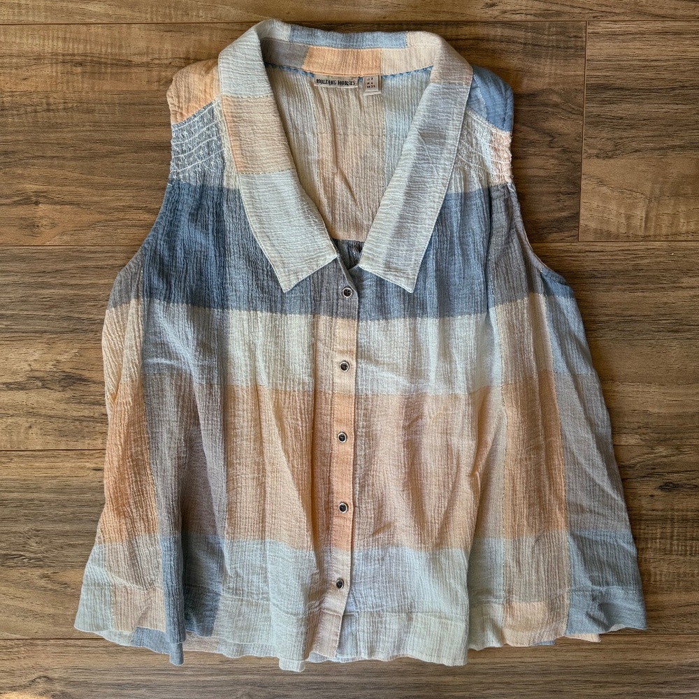 Anthro Holding Horses Plaid Midi Button Up Tank Top